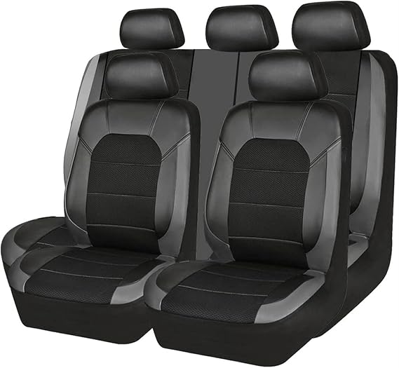 9 Pcs Car Seat Covers Leather for Nissan Micra K14 2017 2018 2019 2020 2021 2022 2023 2024, Front Rear Seat Cover Full Sets Full Surround Waterproof Car Accessories,Grey