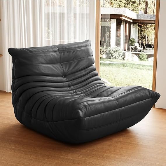 High-end Uncompressed Bean Bag Chair,Fireside Togo Chair with Black Faux Leather Cover, Comfy & Soft Lazy Floor Lounge Sofa for Bedroom, Living Room, Office or Lounger