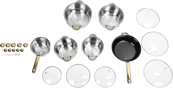 Stainless Steel Cookware Set, Rustproof Non Stick Pot and Pan Set with Gold Handles, Full Kitchen Cookware Set for Home and Restaurant Use on All Stovetops Including (Gold Handle)