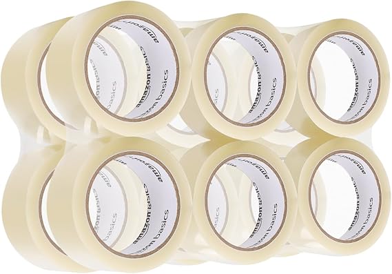 Amazon Basics Packing Tape, 5cm x 55mm, 0.066mm Thickness (12-Roll), Clear, Ideal for Packaging, Shipping, Moving and Storing