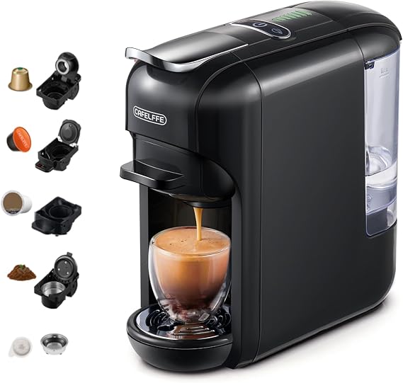 CAFELFFE MK-606 5-in-1 Single Serving Capsule Coffee Machine 19 Bar Hot/Cold Brew Espresso Machine Compatible with K-Cup/Nes Original/DG/44 mm ESE & Ground 7 Water Levels Home/Office Black