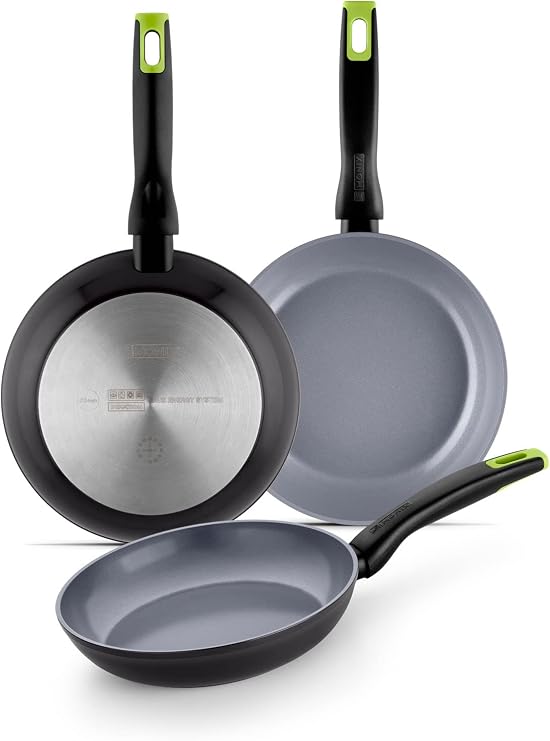 Monix Eco Nature Frying Pan Set 18-22-26 cm, Forged Recycled Aluminum, Reinforced Non-Stick Ceramic, Suitable for All Hobs and Induction Types