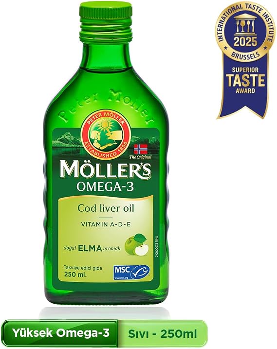 Möller's Omega 3 Elmalı 250 ml; saf morina balığı yağı, IFOS Onaylı, DHA, EPA, A D E vitamini. Çocuklar ve yetişkinler için doğal omega-3