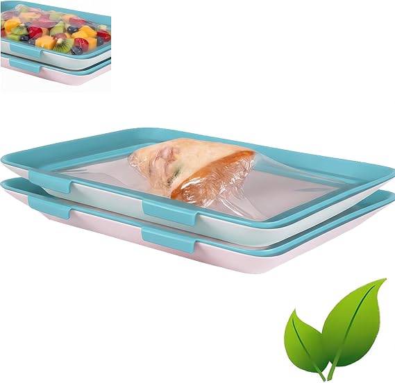 Food Stackable Preservation Tray with Lids, Reusable Storage Preserving Tray, Flat Food Sealing Container for Vegetable Salad and Various Foods (Light Blue*2)