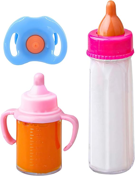 Disappearing Doll Feeding Set, Magic Bottle for Dolls, Portable Milk Bottle Doll Accessories, 3 Baby Doll Accessories Set with Disappearing Milk and Juice, Cute Doll Feeding Toy