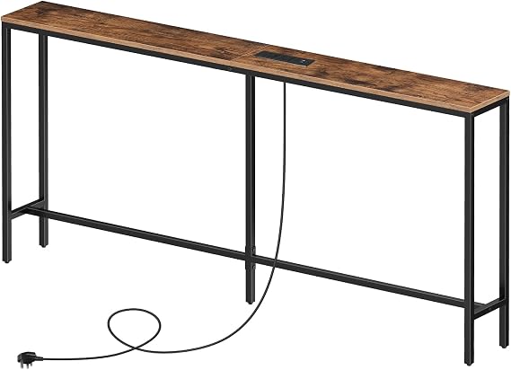 MAHANCRIS Skinny Console Table with Power Outlets, 160 cm Narrow Sofa Table, Behind Couch Table with Charging Station for Plants, Living Room, Rustic Brown and Black ACTHR165KE01