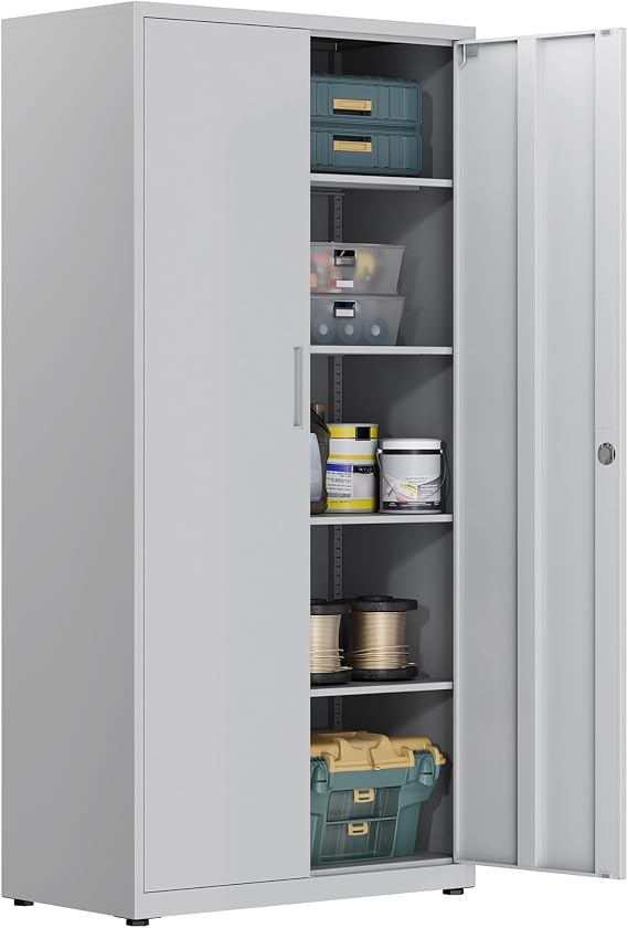 Metal Storage Cabinet, Locking Garage Cabinet, 5-Tier Office Cabinet with Adjustable Shelves, Cupboards for Office, Garage and Utility Room, Gray