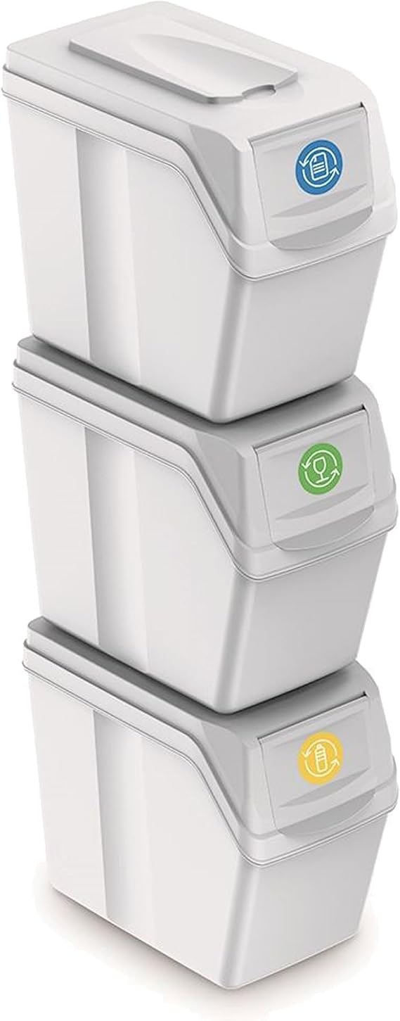 Prosperplast Set of 3 Recycling Bins, 60 Litres Total Capacity, Stackable, White Containers, 3 x 20 Litres