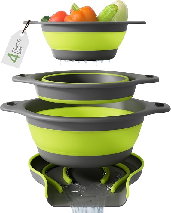 Gevoli 3-Pack Collapsible Colanders, Self-Draining Base, Over-Sink Edge Strainers, Small/Med/Large Sizes, Nesting Storage (3Qt, 4Qt, 5Qt Set) Green/Gray