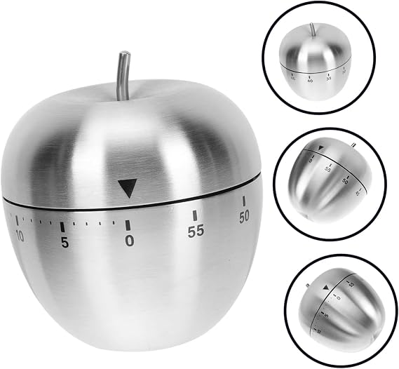 Paslanmaz Çelik Elma Tasarımlı Mutfak Zamanlayıcı 60 Dakikalık Mekanik Timer, Şık ve Dayanıklı Tasarım Kronometre (Mutfak, Fırın ve Yemek Pişirme İçin)