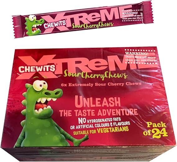 Chewits XTREME 6X EXTREMELY FRUITS FLAVOUR CHEWS FULL BOX 24 x 34g (SOUR CHERRY CHEWS)