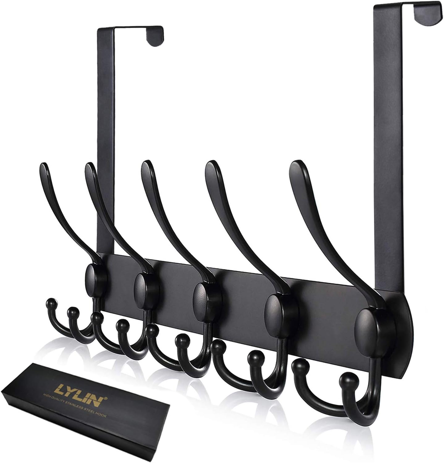 LYLIN Over The Door Hook Hanger, Stainless Steel Hangers for Door with 15 Hooks, Heavy Duty Storage Rack Wall Hanger for Coat, Clothes, Towel, Bag, Robe Black, Doors Thickness 4.5cm