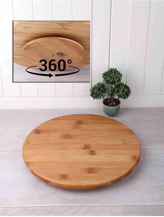 Bambu 360 Derece Dönen Yuvarlak Lüx Servis Sunum Tabağı Pizza Peynir Sunum Tahtası 28 cm Kahverengi 28 x 28