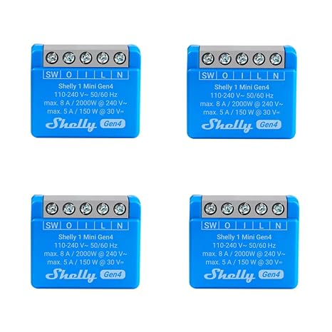 Shelly 1 Mini Gen4, 4 Pack, WiFi Smart Relay Switch, 1 Channel, 8A, Potential-free Contact, Home Automation, Remote Control, No Hub Required, Alexa, Google Home, Apple