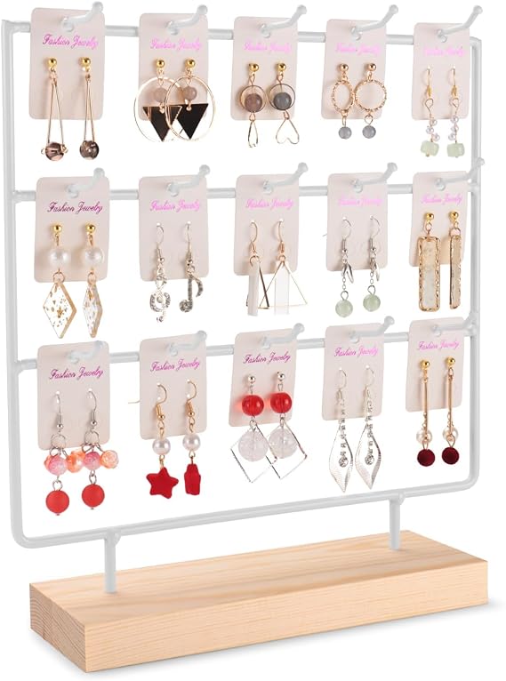 Earring Display Stand for Selling, Earring Holder Stand for Vendor for Earings Rings Bracelets Keychains (3 Tier,15 Hooks, White)