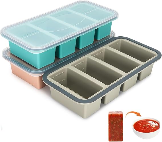 3-Pack Silicone Freezer Tray 1 Cup/250 mL Silicone Freezer Tray with Lids, Perfect for Storing Soup, Broth, Sauces, Batch Cooking and More, Oven-Safe Moulds(3 Color)