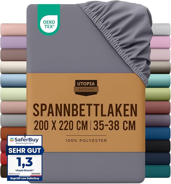 Utopia Bedding Fitted Sheet 200 x 220 cm Grey Oeko-Tex Certified Brushed Microfibre 35 cm Deep Pockets