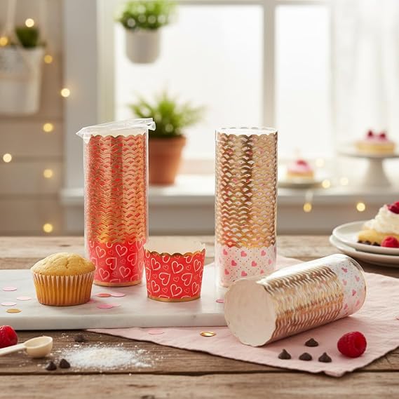 Deconox Kalp Desenli 25'li Muffin ve Cupcake Kalıbı - Asorti Renkli (Kırmızı/Beyaz) Kağıt Kek Kapsülü