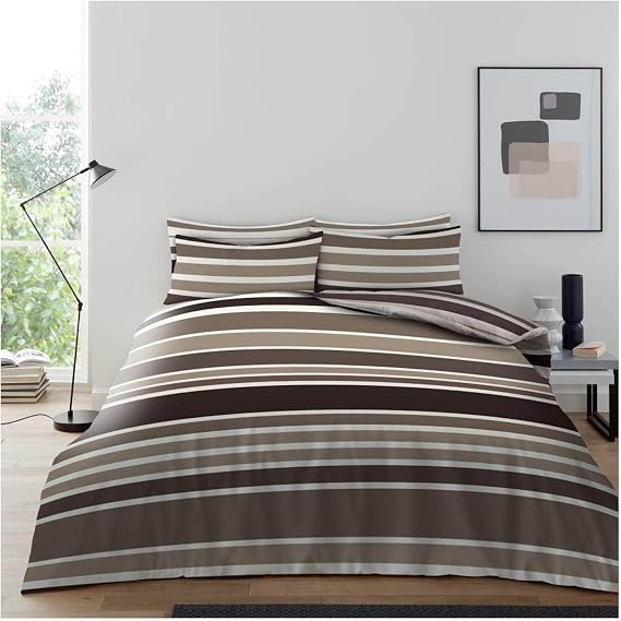 Super Dreamer Complete Duvet Set, Striped Bedding Set King Size Quilt Cover, Reversible Printed Fitted Sheet With Pillow Cases, Natural
