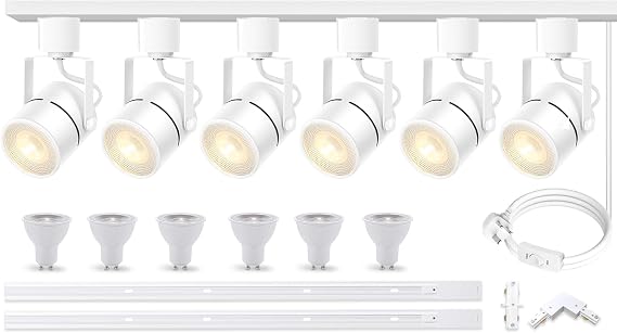 Advanced LED Track Lighting Kit with Replaceable GU10 Bulbs, 6-Lights Dimmable Track Lights with 2x1m H Type Track Rails, 10W 3000K Warm White Indoor Spotlight Fixture for Any Space