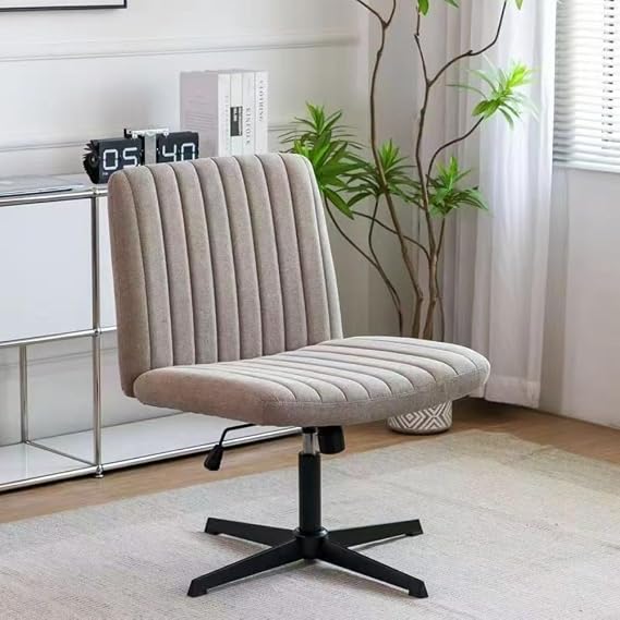Crisscross Chair Armless Cross Leg Office Desk Chair No Wheels Fabric Padded Modern Swivel Height Adjustable Mid Back Wide Seat Computer Task Vanity Chair for Home Office Grey Brown