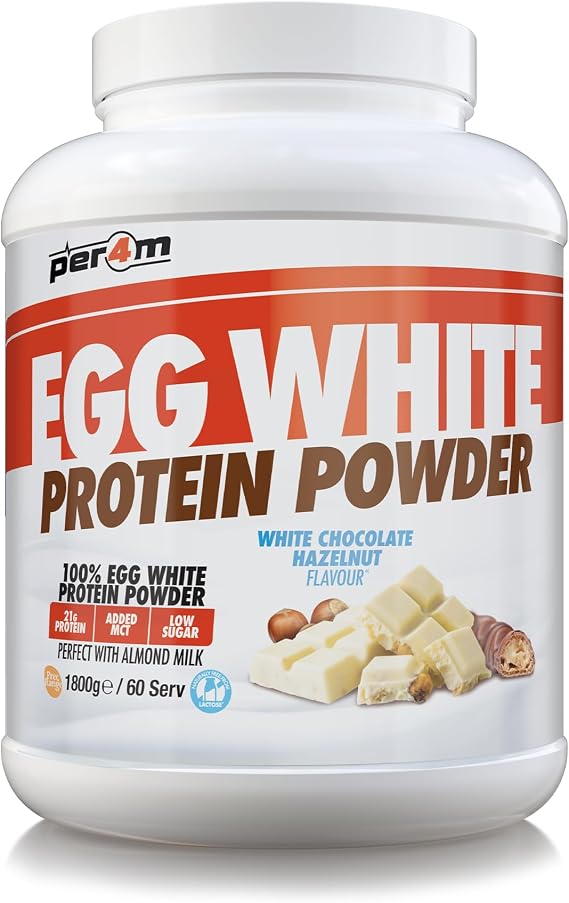 Per4m 100% Pure Free Range Egg White Protein Powder | High Protein Shake with Added MCTs | Gut Friendly, Lactose-Free & Essential Amino Acids (1.8kg, White Chocolate Hazelnut)