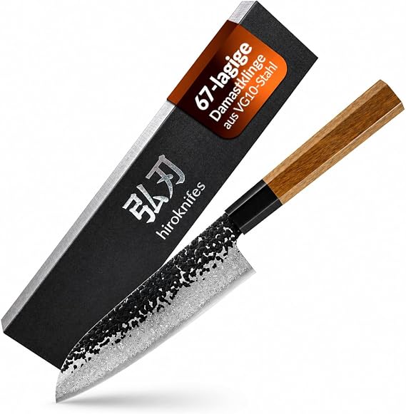 Chef's Knife Damascus Knife 18 cm - Santoku Knife Japanese Kitchen Knife Sharp - 67 Layers VG10 Damascus Steel - Chef's Knife Professional Meat Knife - Ebony Handle + Gift Box
