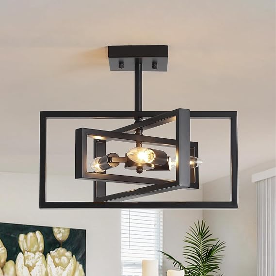 Black Ceiling Light Living Room, 3 Lights Black Chandeliers Ceiling Light, Industrial Semi Flush Mount Ceiling Lights Fitting for Bedroom, Dining Room, Kitchen, Lounge, Hallway