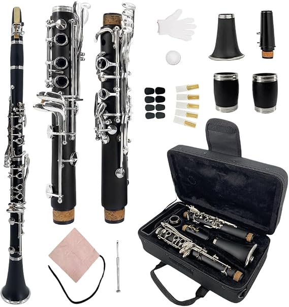 Advanced Professional A Key Clarinet - Ebonite Body Nickel-Plated Keys Premium Sound with 2 Barrels Case Screwdriver Cork Grease Reeds & Cleaning Cloth (A key)