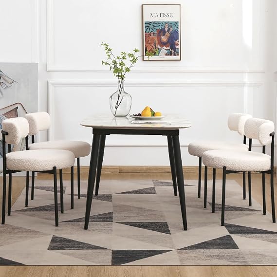 EDWELL White Modern Dining Chairs Set of 4, Curved Backrest Boucle Chairs for Kitchen, Living Room, Upholstered Kitchen Chairs with Black Metal Legs