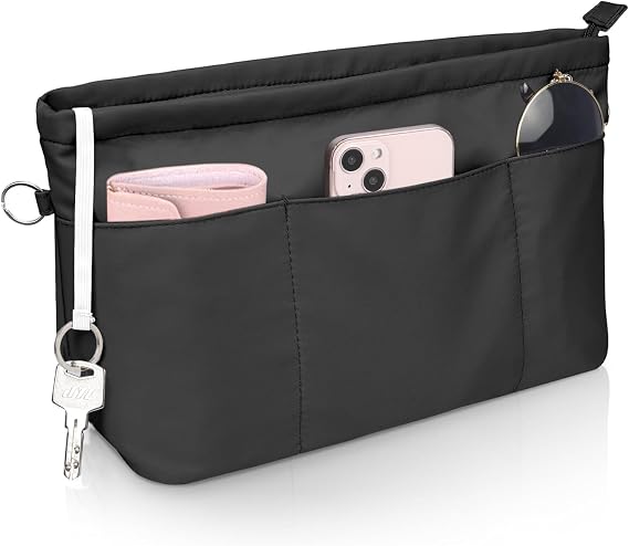 Black Tote Bag Organiser, Nylon Insert for Tote Bags, Waterproof Multi-Pocket Handbag Divider Liner for Women, 26 x 10 x 19 cm
