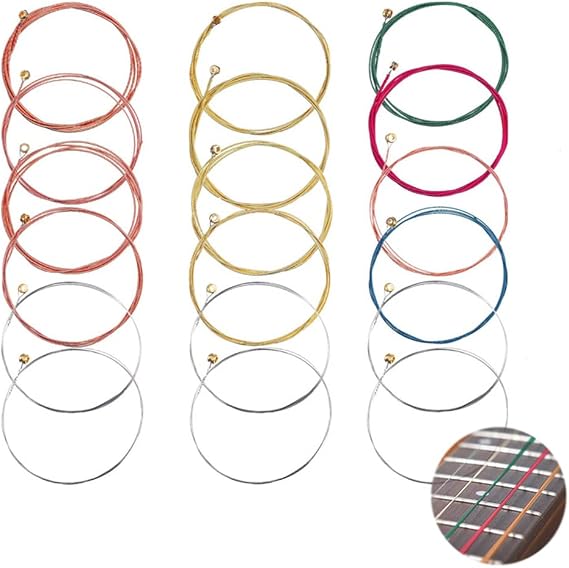 YINKE Acoustic Guitar Strings, Guitar Replacement Strings, 3 Sets 18 Pieces, Musical Instrument Accessories Ballard Replacement Steel Strings for Folk Guitars, Steel Core Copper Alloy 3 Colors