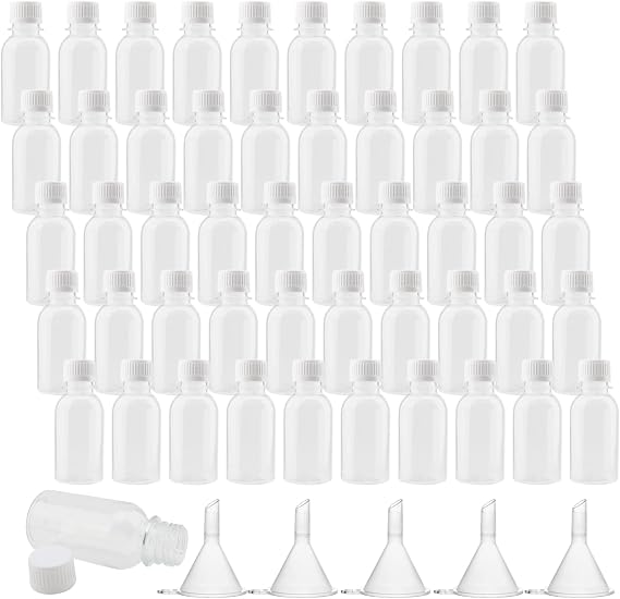 50 Pack 100ml Travel Bottles, Clear Plastic Bottles with Lids and 5 Funnels, Empty Refillable Travel Bottle Containers for Shampoo, Conditioner, Lotion
