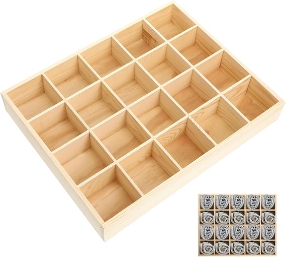 DOITOOL Wooden Drawer Organiser, Wooden Compartment Tray, Sock Organiser, Underwear Storage Case with 20 Compartments Stackable Drawer Organizer Box for Socks Panties Neckties and Sundries