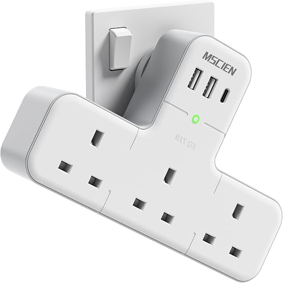 Mscien Multi Plug Adaptor, 6 in 1 Plug Extension Socket 3 Way 3 USB(3.4A,1 Type-C), Wall Socket UK Power Strip with 315 Degree Rotation, Plug Adapter Surge Protected Extender For Home Office