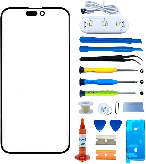 iPhone 15 Pro Max用スクリーン交換、フロントアウターレンズスクリーンガラス交換キット、水まみフレーム接着剤とツールキットデジタイザーなし、LCDなし