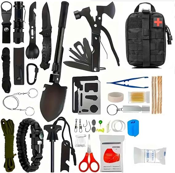 Outdoor Survival Goods, Disaster Preparedness Set, Multi-functional Tool Set Includes First Aid Box, Shovel, Flashlight, Flint Stone, Survival Bracelet, Multi-Tool Card, For Outdoor Camping