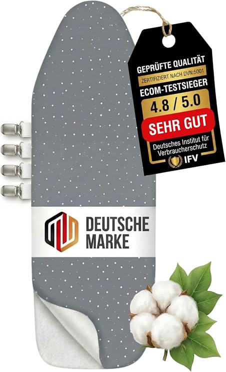 Ironing Board Cover 120 x 40 cm for Steam Irons Made of 100% Cotton with Extra Thick Padding Incl. Ironing Cloth - Elastic Band and Smart Velcro Fastener + Ironing Tips
