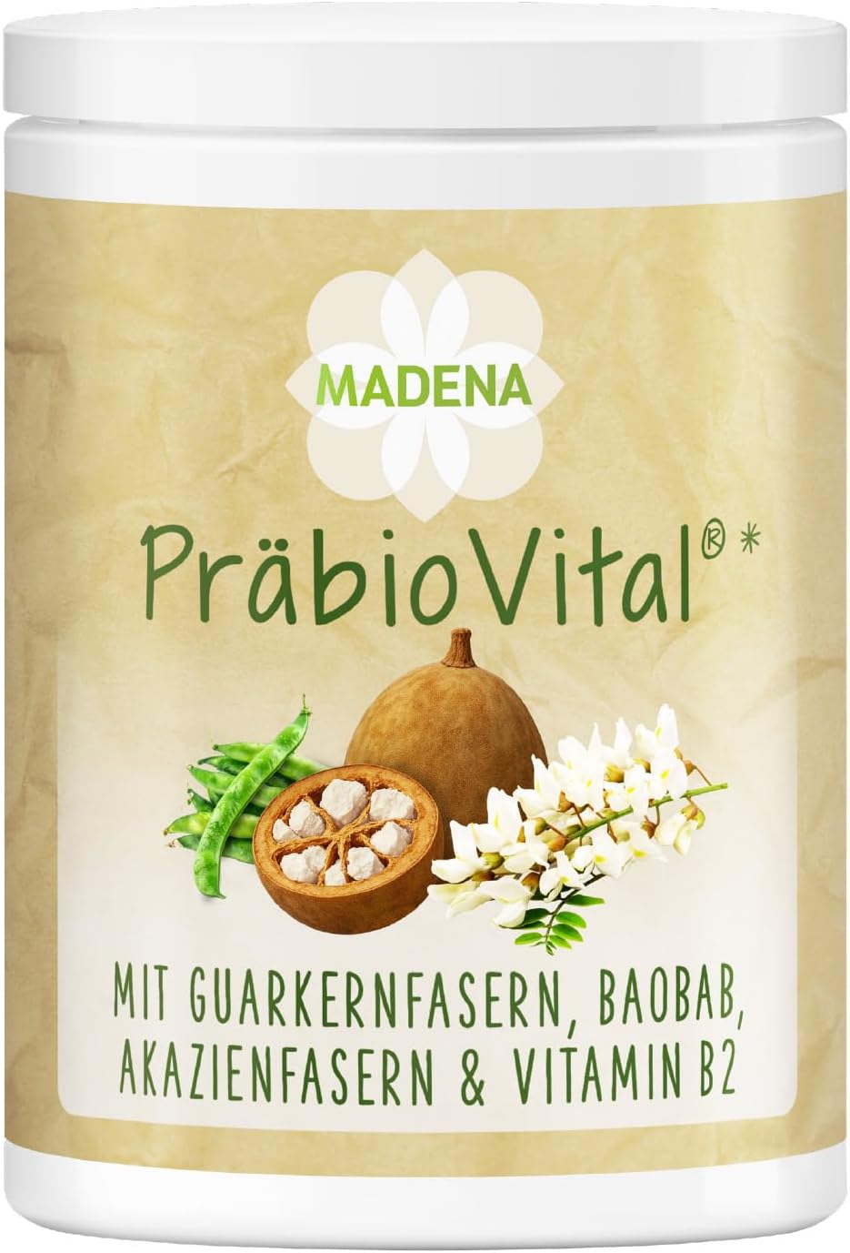 MADENA PräbioVital präbiotische Ballaststoffe zur Unterstützung der Verdauung mit Baobab- & Akazienfasernpulver Guarkernfasern PHGG resistenter Stärke Typ 3 & Vitamin B2 (Riboflavin) 300 g