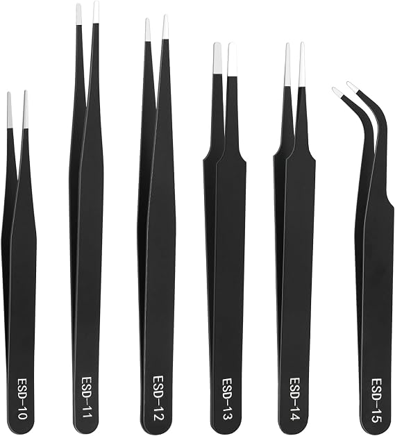 Precision Tweezers Set, ESD Anti-Static Stainless-Steel Tweezers for Crafting, Electronics Watch Repairing, Jewelry Making, Modeling Tools (6 Pcs)