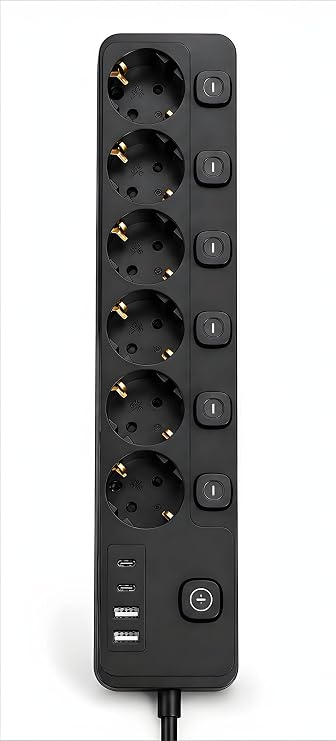 6’lı Ayrı Anahtarlı Akım Korumalı Priz, 3680W 16A Çoklu Priz, 2 USB-A + 2 Type-C, 2 Metre Kablolu, Topraklı, Ev Ofis Masaüstü Kullanım İçin