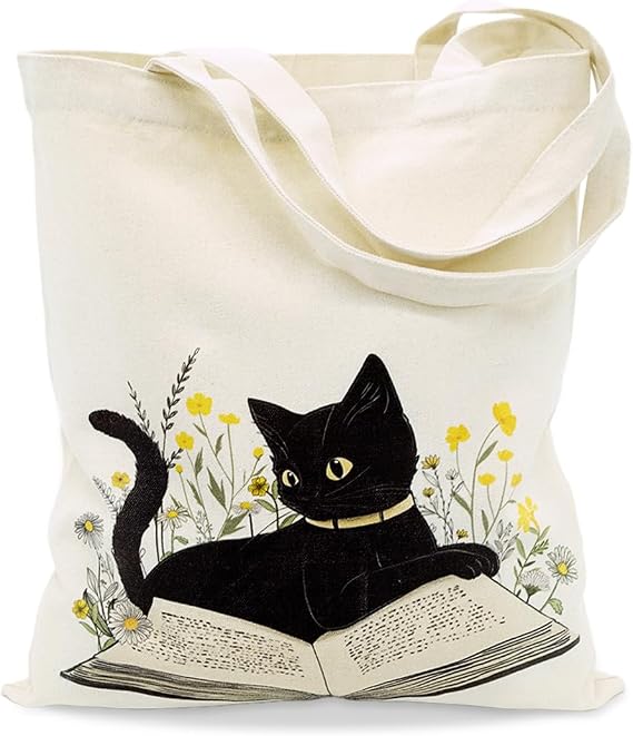 Avezano Cute Black Cat Floral Canvas Tote for Women, Girls - Reusable Aesthetic Shopping, Work, Travel Bag