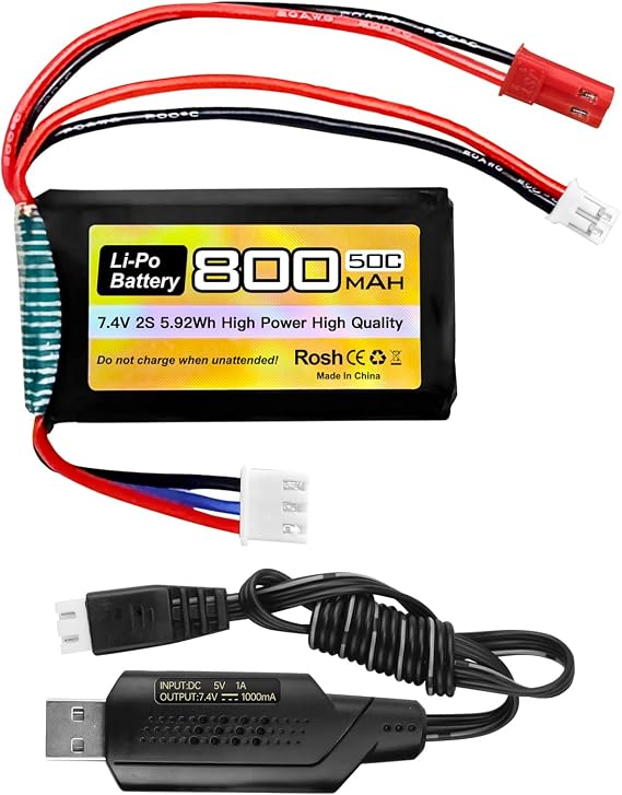 7.4V LiPo Batteries 2S 50C 800mAh JST PH2.0 Connector with USB Charging Cable for Car SCX24, for Most RC Car Battery Trucks and RC Drone in 1/10, 1/16, 1/18, 1/24 Scale