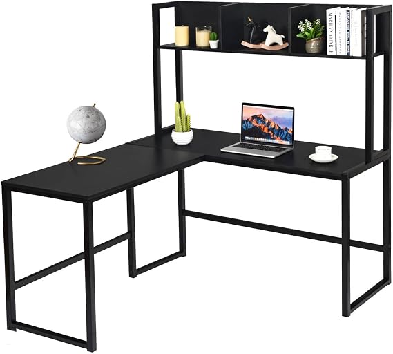 SFAREST L-Shaped Computer Desk, 2-Person Industrial Corner Working Writing Gaming Table with Storage Bookshelf, 140 x 126 x 149cm Wooden Metal Frame Laptop Workstation for Home Office (Black)