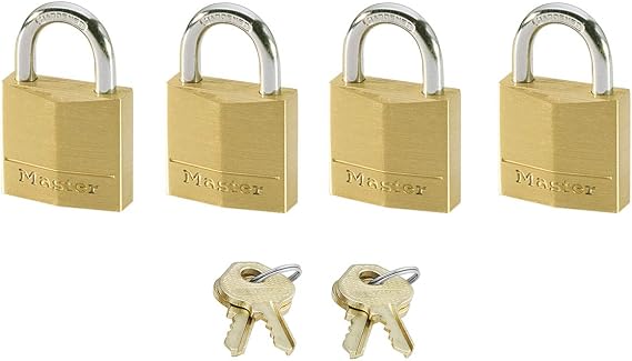 Master Lock Small Padlocks (Key) (Keyed Alike) 120EURQNOP - Best Used for Backpacks, Luggage, Computer Bags, Locker, Gym and More, Gold, 3,4 cm x 2 cm x 1 cm, (Family Pack of 4)