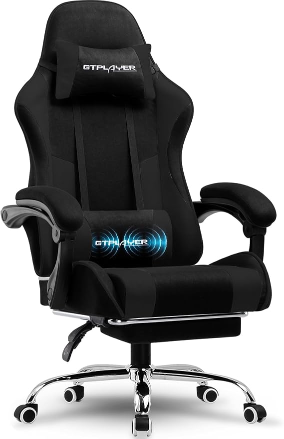 GTPLAYER Gaming Chair Office Chair Ergonomic PC Chair Gaming Chair with Massage End Spine Support Task Chairs with Footrest and Headrest Black Fabric