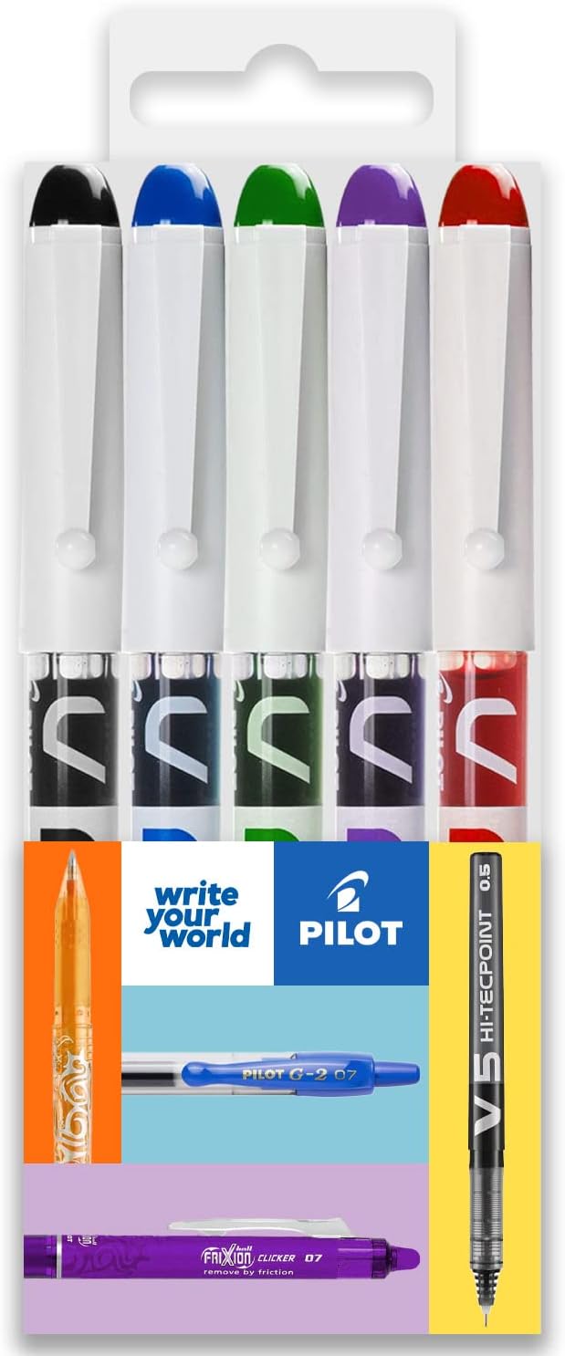 Pilot V PEN - Erasable Disposable Fountain Pen - 0.6mm Nib Tip - Medium Line - Wallet Pack of 5 - Black, Blue, Red, Green & Violet