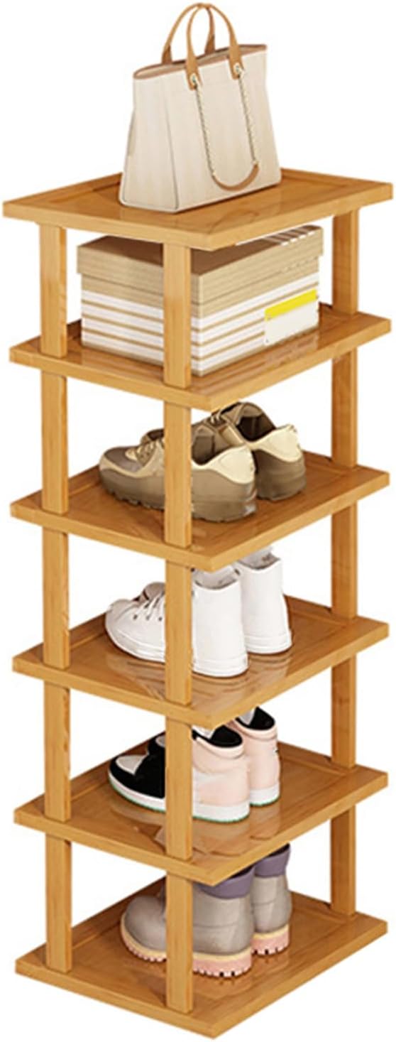6-Tier Bamboo Shoe Rack, Tall Narrow Waterproof Vertical Organizer for Entryway, Large Capacity High Load Bearing Space Saving Storage Shelf, Multi-Purpose Corner Unit for Boots & Shoes Yellow