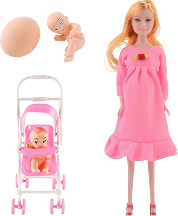 12" Movable Joint Pregnant Doll with Baby in Tummy with Trolley for Kids, Dollhouse Accessories, Style 2, Doll
