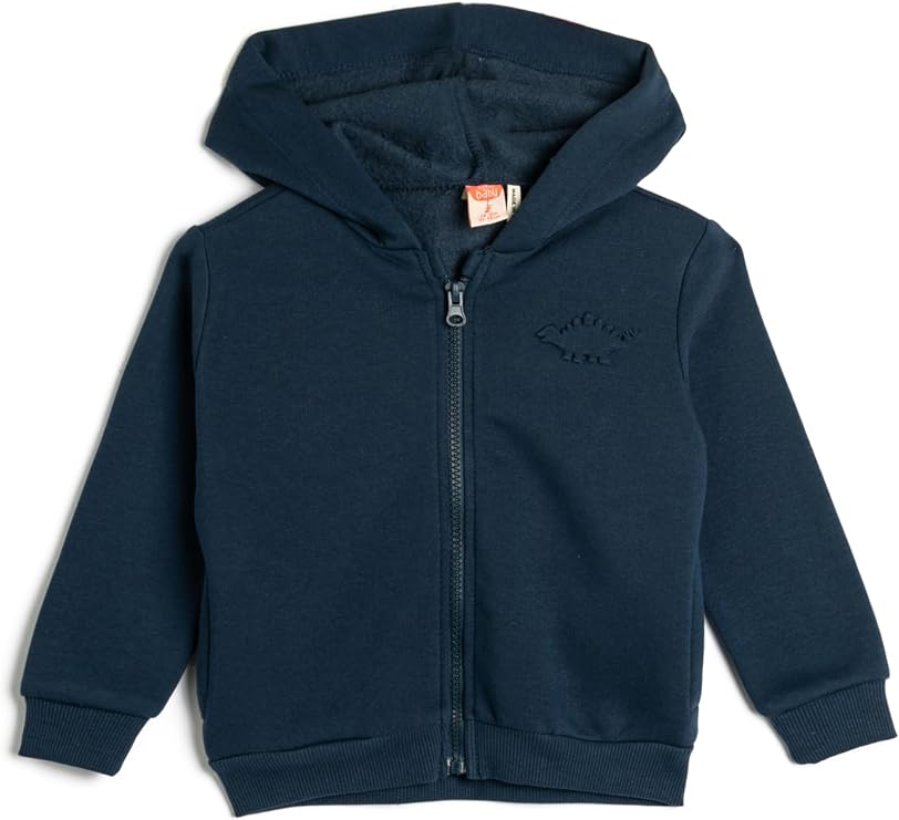 Basic Kapşonlu Sweatshirt Dinozor Aplike Detaylı Fermuarlı Şardonlu